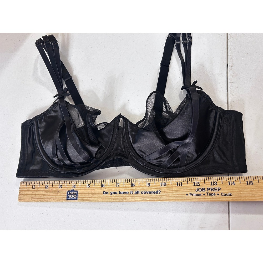 Black Strappy Mesh Underwire Bra Satin Multi Strap Edgy Lingerie 40D - Picture 4 of 5